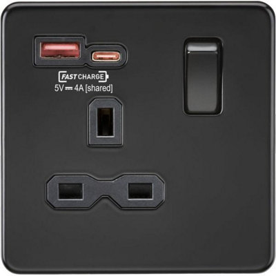 Knightsbridge Screwless Single Switched Socket Dual USB-C USB-A FASTCHARGE Matt Black - SFR9919MBB