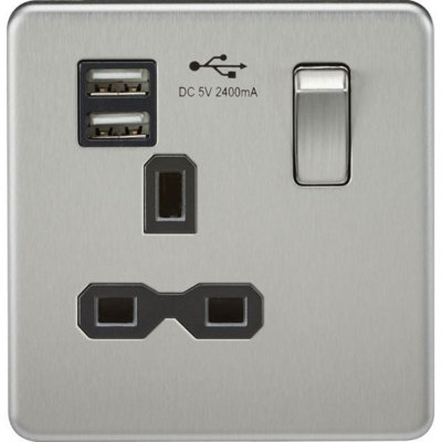 Knightsbridge Screwless Single Switched Socket with Dual USB A 13A Brushed Chrome / Black - SFR9124BC