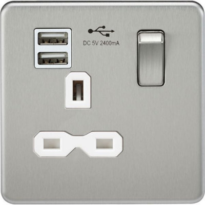 Knightsbridge Screwless Single Switched Socket with Dual USB A 13A Brushed Chrome / White - SFR9124BCW