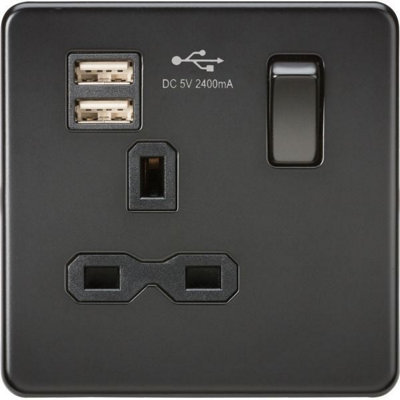 Knightsbridge Screwless Single Switched Socket with Dual USB A 13A Matt Black - SFR9124MBB