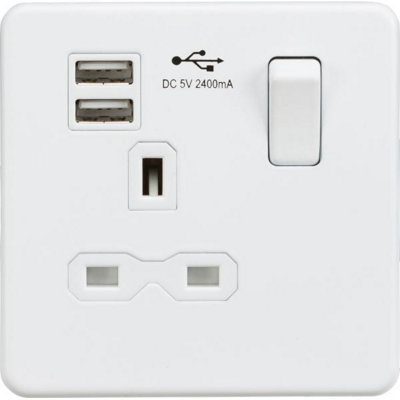 Knightsbridge Screwless Single Switched Socket with Dual USB A 13A Matt White - SFR9124MW