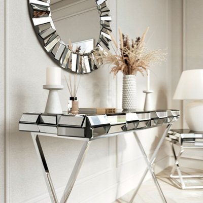 Knightsbridge Silver Round Mirror Console and Side Table 3 Piece Set