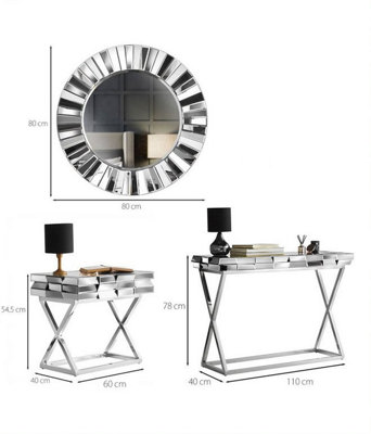 Knightsbridge Silver Round Mirror Console and Side Table 3 Piece Set