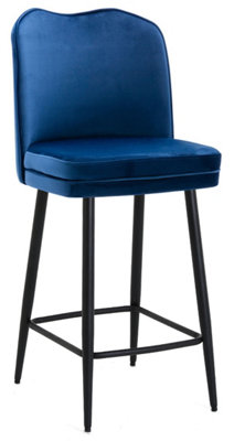 Knightsbridge Velvet Kitchen Bar Stool, Fixed Height Black Legs And Footrest, Breakfast Bar & Home Barstool, Blue