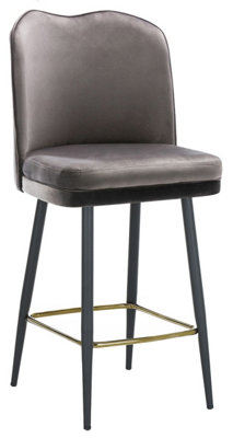 Knightsbridge Velvet Kitchen Bar Stool, Fixed Height Black Legs And Gold Footrest, Breakfast Bar & Home Barstool, Charcoal Grey