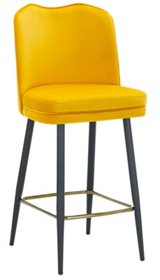 Knightsbridge Velvet Kitchen Bar Stool, Fixed Height Black Legs And Gold Footrest, Breakfast Bar & Home Barstool, Mustard Yellow