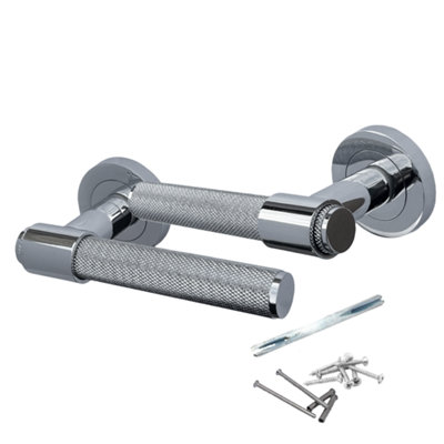Knurled Door Handles Chrome Loop & Neck Lever on Rose Latch Luxe
