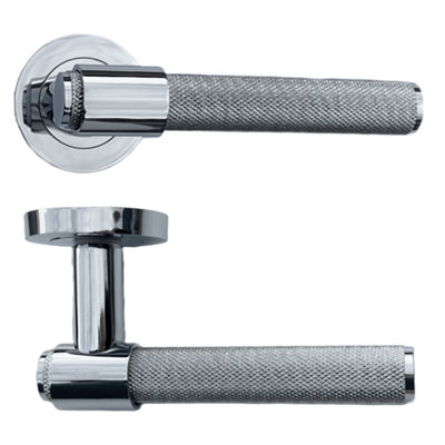 Knurled Door Handles Chrome Loop & Neck Lever on Rose Latch Luxe