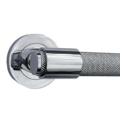 Knurled Door Handles Chrome Loop & Neck Lever on Rose Latch Luxe