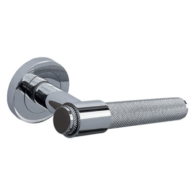 Knurled Door Handles Chrome Loop & Neck Lever on Rose Latch Luxe