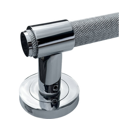 Knurled Door Handles Chrome Loop & Neck Lever on Rose Latch Luxe