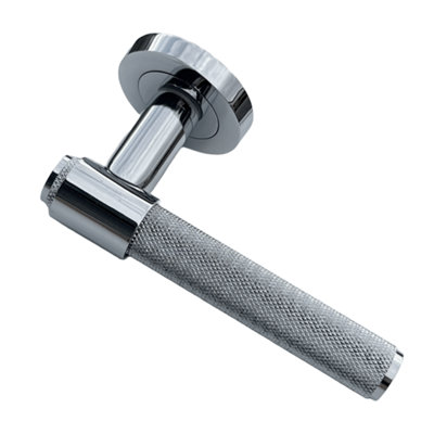 Knurled Door Handles Chrome Loop & Neck Lever on Rose Latch Luxe