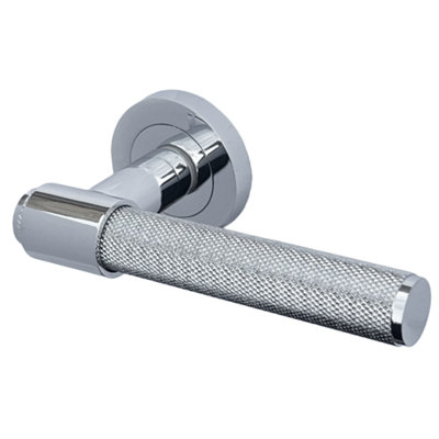 Knurled Door Handles Chrome Loop & Neck Lever on Rose Latch Luxe
