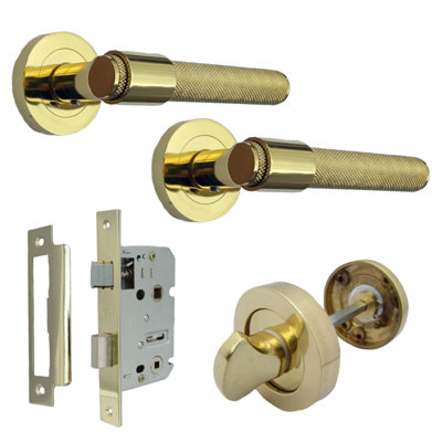 Knurled Door Handles Polished Brass Loop and Neck Lever on Rose Bathroom Set