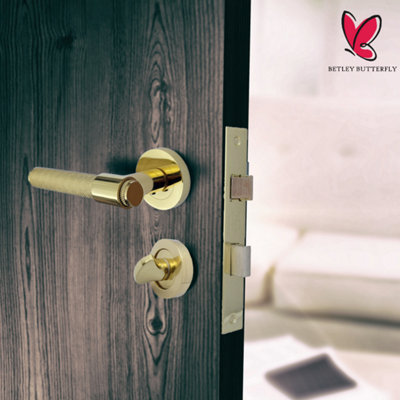 Knurled Door Handles Polished Brass Loop and Neck Lever on Rose Bathroom Set