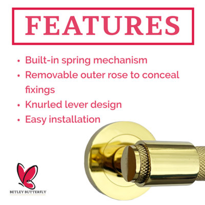 Knurled Door Handles Polished Brass Loop and Neck Lever on Rose Bathroom Set