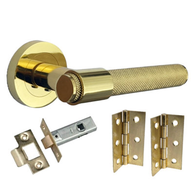 Knurled Door Handles Polished Brass Loop and Neck Lever on Rose Latch Set