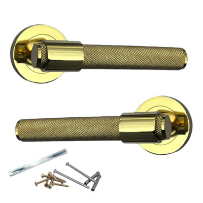 Knurled Door Handles Polished Brass Loop and Neck Lever on Rose Latch Set