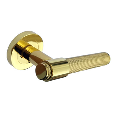 Knurled Door Handles Polished Brass Loop and Neck Lever on Rose Latch Set