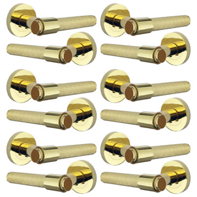 Knurled Door Handles Polished Brass Loop and Neck Lever on Round Rose Latch Handle Luxe - 6 Pairs