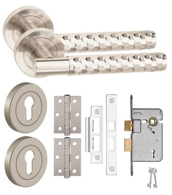 Knurled Hex Cut T-Bar Internal Door Handle Lock Set 3 Lever Mortise ...