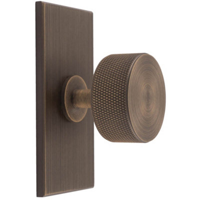 Knurled Radio Cabinet Door Knob & Matching Backplate - Antique Brass 76 x 40mm