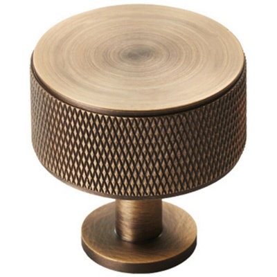 Knurled Radio Cupboard Door Knob - 35mm Diameter - Antique Brass Cabinet  Handle