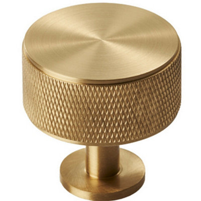 Knurled Radio Cupboard Door Knob - 35mm Diameter - Satin Brass PREMIUM Solid Cabinet Handle