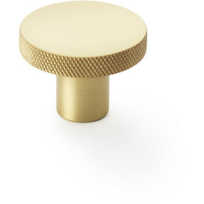 Knurled Round Radio Cupboard Door Knob - 38mm Diameter Satin Brass Pull Handle