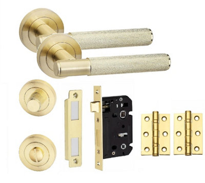 Knurled T-Bar Bathroom Door Handle Set Thumbturn and Dead Bolt BB Hinges Satin Brass
