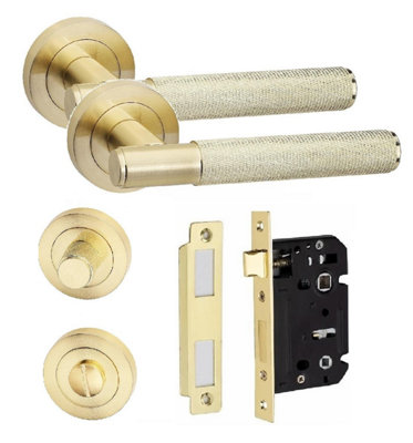Knurled T-Bar Bathroom Door Handle Set Thumbturn and Mortise Lock Satin Brass