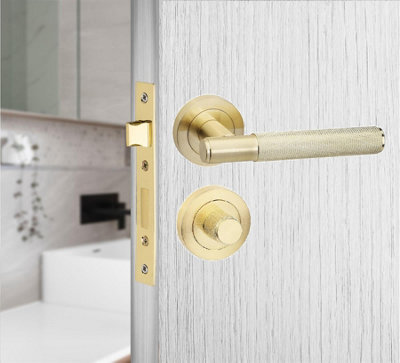 Knurled T-Bar Bathroom Door Handle Set Thumbturn and Mortise Lock Satin Brass
