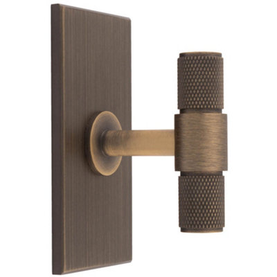 Knurled T Bar Cabinet Door Knob & Matching Backplate - Antique Brass 76 x 40mm