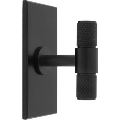 Knurled T Bar Cabinet Door Knob & Matching Backplate - Matt Black 76 x 40mm