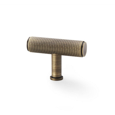 Knurled T Bar Cupboard Door Knob - 55mm x 38mm - Antique Brass Unit Pull Handle
