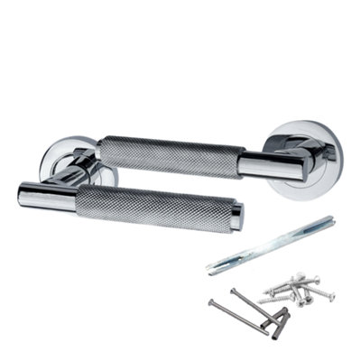 Knurled Turning Door Handles Chrome Lever on Rose Latch Luxe
