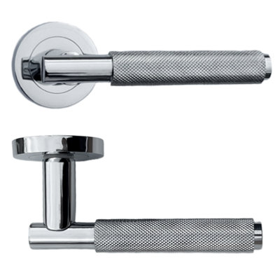 Knurled Turning Door Handles Chrome Lever on Rose Latch Luxe