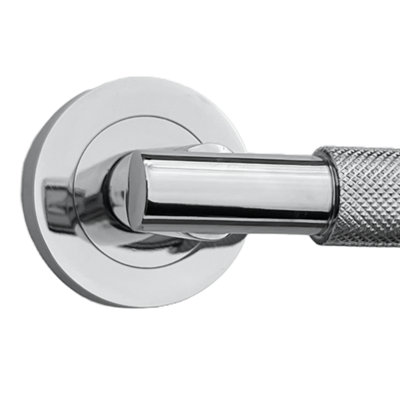 Knurled Turning Door Handles Chrome Lever on Rose Latch Luxe