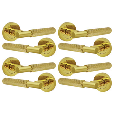 Knurled Turning Door Handles Polished Brass Lever on Round Rose Latch Handle Luxe - 4 Pairs