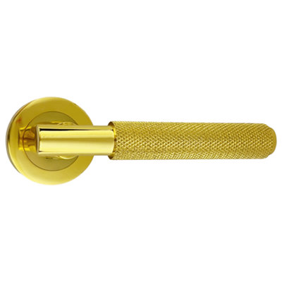 Knurled Turning Door Handles Polished Brass Lever on Round Rose Latch Handle Luxe - 4 Pairs