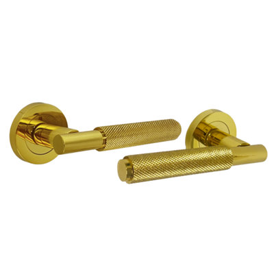 Knurled Turning Door Handles Polished Brass Lever on Round Rose Latch Handle Luxe - 4 Pairs
