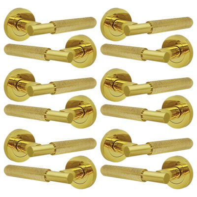 Knurled Turning Door Handles Polished Brass Lever on Round Rose Latch Handle Luxe - 6 Pairs