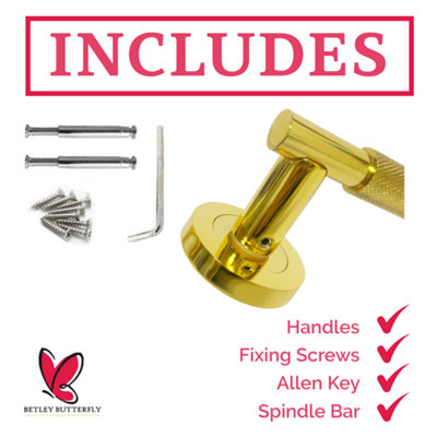 Knurled Turning Door Handles Polished Brass Lever on Round Rose Latch Handle Luxe - 6 Pairs