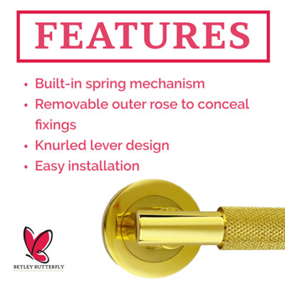 Knurled Turning Door Handles Polished Brass Lever on Round Rose Latch Handle Luxe - 6 Pairs