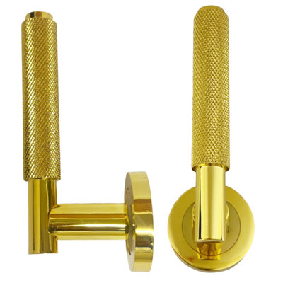 Knurled Turning Door Handles Polished Brass Lever on Round Rose Latch Handle Luxe - 6 Pairs