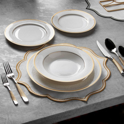 KONIGTUM Luxury White and Gold 24 Piece New Bone China Dinnerware Set for 6 People KOR-DI