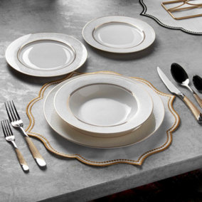 KONIGTUM Luxury White and Gold 24 Piece New Bone China Dinnerware Set for 6 People KOR-PG