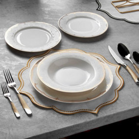 KONIGTUM Luxury White and Gold 24 Piece New Bone China Dinnerware Set for 6 People KOR-SS