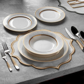 KONIGTUM Luxury White and Gold 24 Piece New Bone China Dinnerware Set for 6 People KOR-WP
