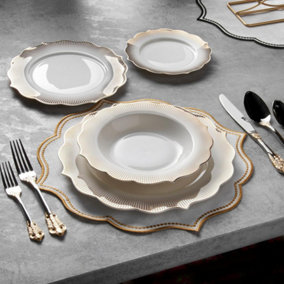 KONIGTUM Luxury White and Gold 24 Piece New Bone China Dinnerware Set for 6 People KOV-GD